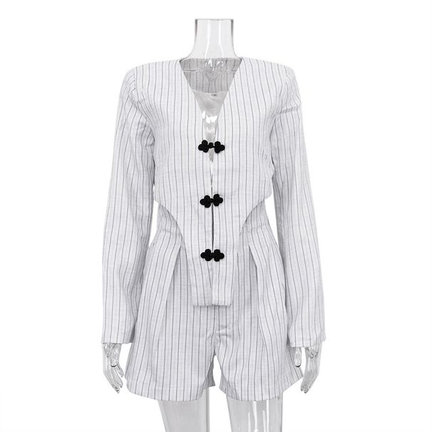 Voya Voya 2026 Spring Women's New Chinese Style Unique Design Long Sleeve Deep V Top Jacket High Waist Shorts Striped Suit_ecoleips.com