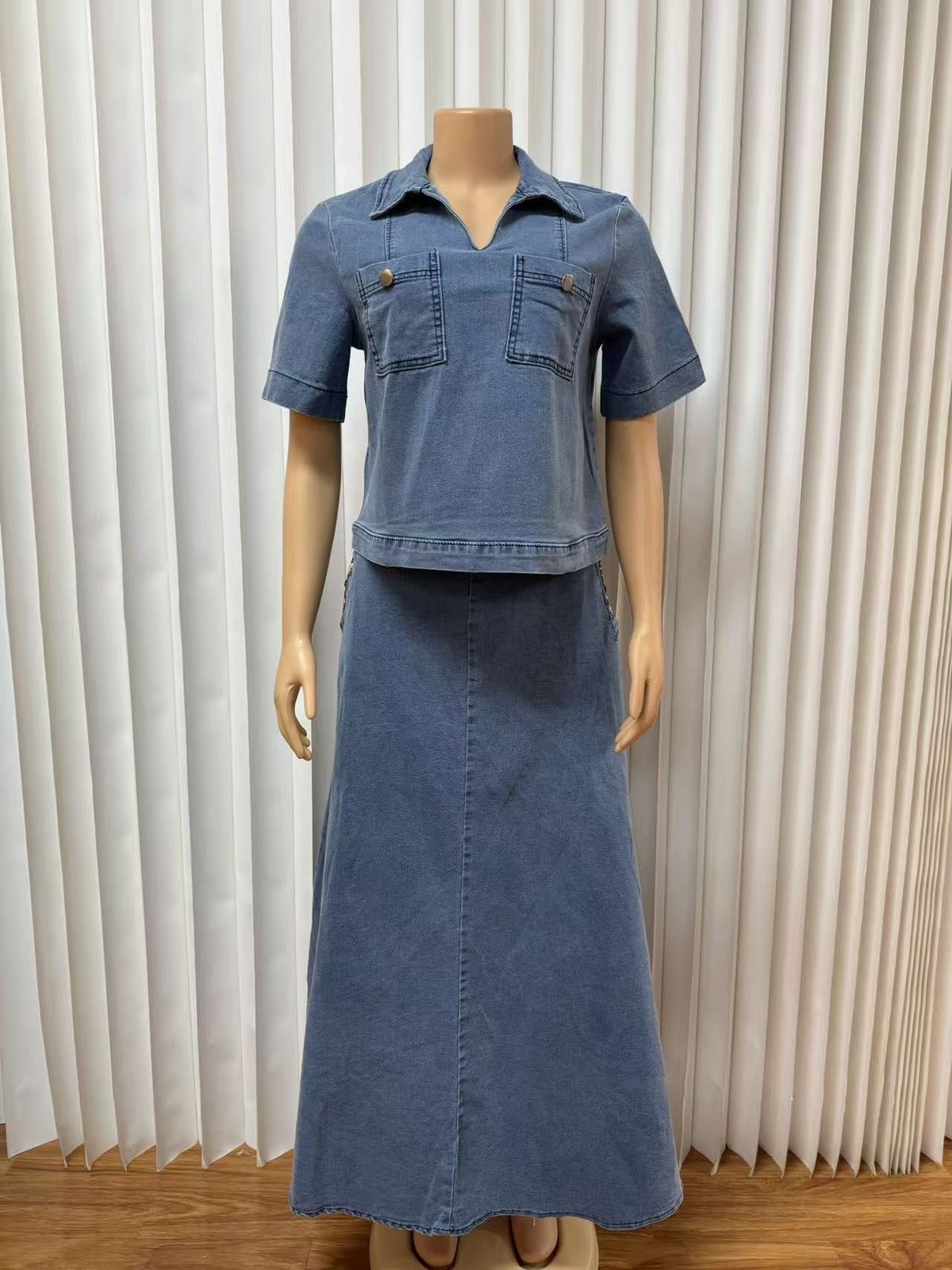 New Casual Denim Suit Women's Korean Style V Neck Loose Two Piece Set Blue Denim Skirt Fashion_ecoleips.com