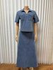New Casual Denim Suit Women's Korean Style V Neck Loose Two Piece Set Blue Denim Skirt Fashion_ecoleips.com