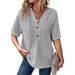 Women's Summer Waffle Knitted Short-Sleeved Top, Lightweight Drawstring Hoodie, Button-Down V-Neck Shirt_ecoleips.com