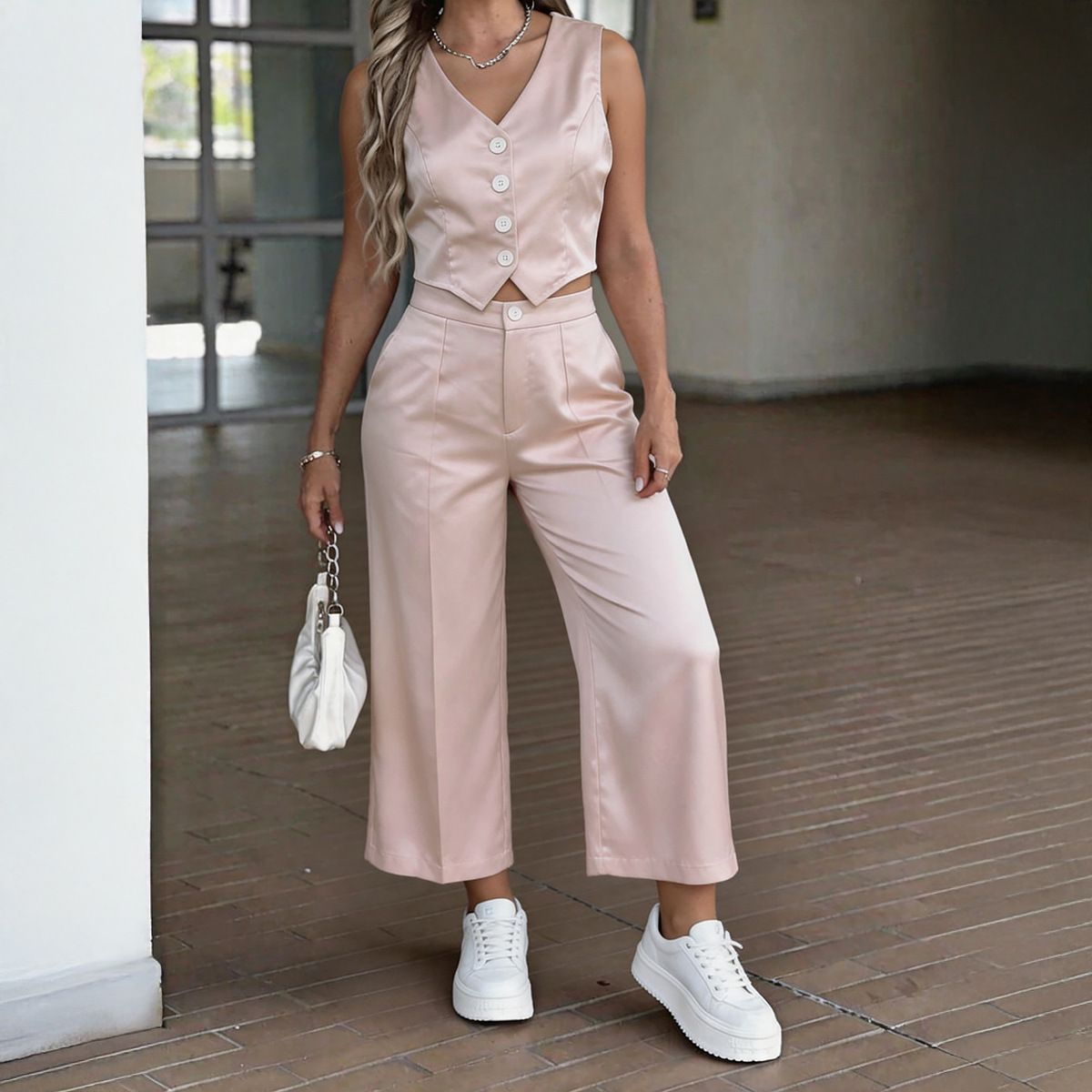 Women's V Neck Sleeveless Vest Wide Leg Suit Single Breasted Spring Summer Clothing Set_ecoleips.com