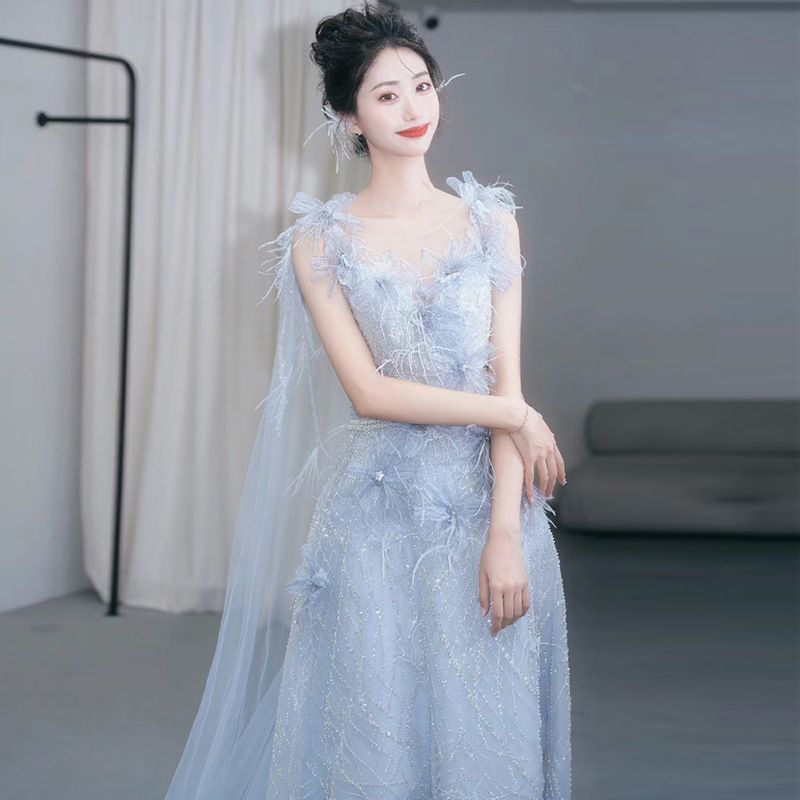 Ethereal Halter Neck Evening Gown Blue Tulle Dress for Women Sophisticated Elegant Style for Birthday Party Coming of Age Ceremony Annual Meeting_ecoleips.com