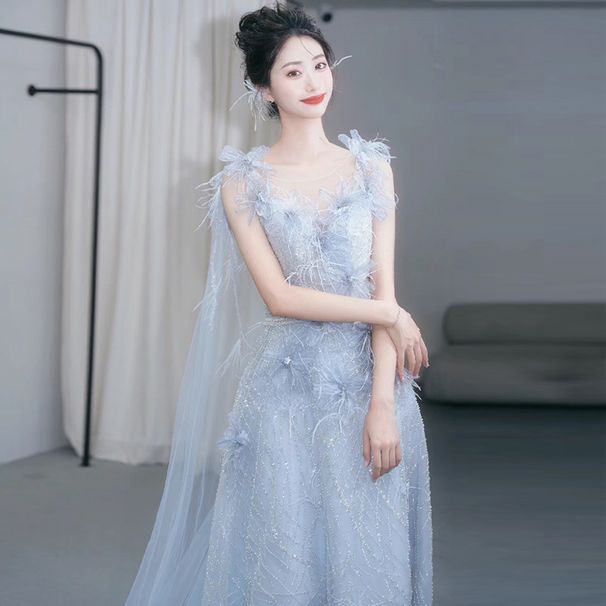 Ethereal Halter Neck Evening Gown Blue Tulle Dress for Women Sophisticated Elegant Style for Birthday Party Coming of Age Ceremony Annual Meeting_ecoleips.com