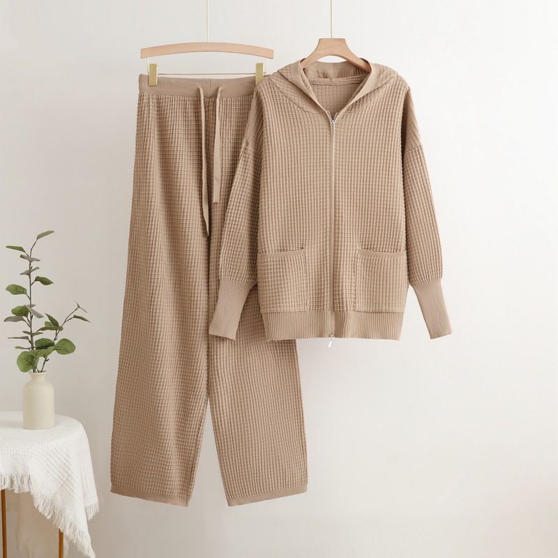 Autumn And Winter New Hooded Knitted Cardigan Jacket Wide Leg Pants Two Piece Temperament Suit For Women_ecoleips.com