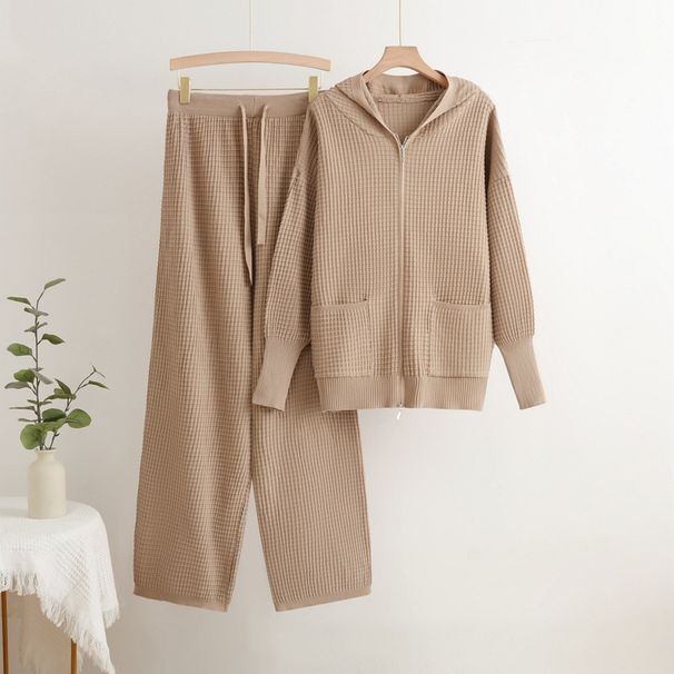 Autumn And Winter New Hooded Knitted Cardigan Jacket Wide Leg Pants Two Piece Temperament Suit For Women_ecoleips.com