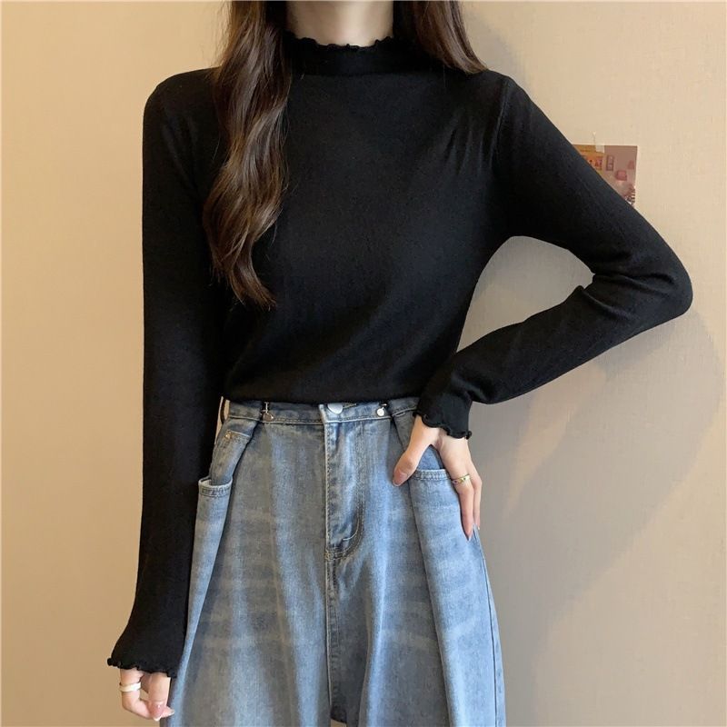 A Uniquely Designed, Solid-Colored Half-High-Necked Long-Sleeved T-Shirt With Wooden-Edged Details Perfect As A Base L_ecoleips.com