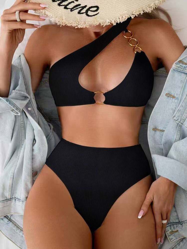 Solid Color Ribbed One-Shoulder Bikini Set – Adjustable Metal Buckle & Comfortable Fit (Stylish Swimwear For Women)_ecoleips.com