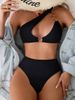 Solid Color Ribbed One-Shoulder Bikini Set – Adjustable Metal Buckle & Comfortable Fit (Stylish Swimwear For Women)_ecoleips.com