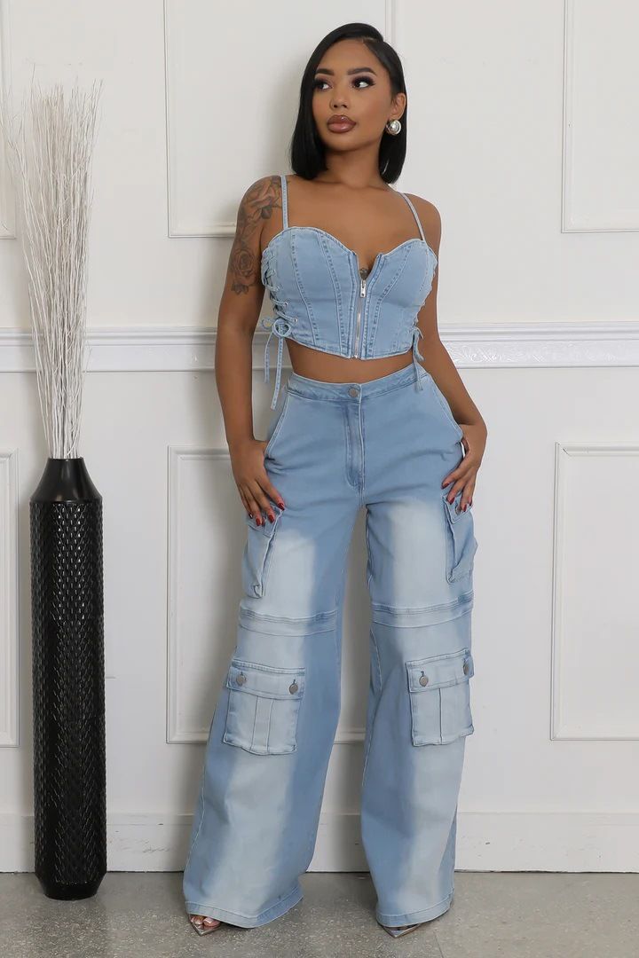 Fashion Suspender Tube Top Denim Top Pocket Straight Workwear Women's Jeans Suit_ecoleips.com