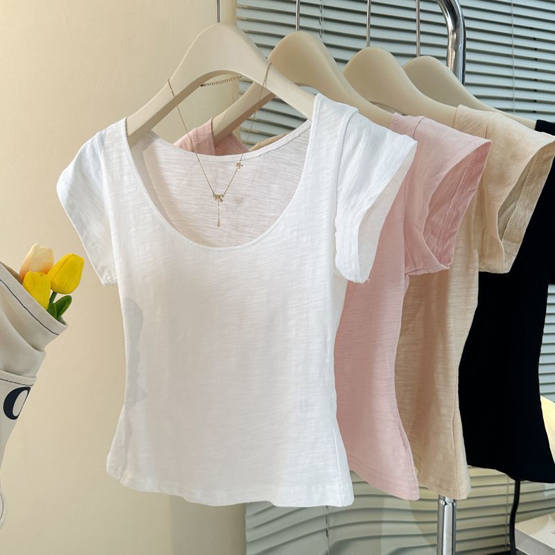 Korean Sweet Spice Girl U-Neck Versatile Short Sleeve T-Shirt Women's Summer Slim Skinny Lazy Short Shoulder Top_ecoleips.com