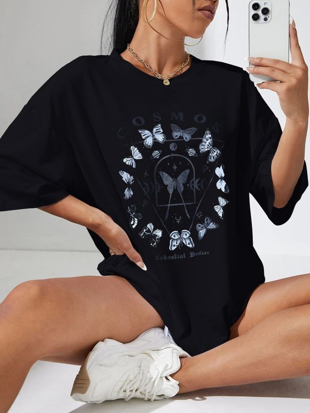 Women's Casual Black T-Shirt round Neck Short Sleeve Breathable Cotton Polyester Top with Loose Butterfly Print for Spring/Autumn Summer_ecoleips.com