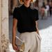 Women's French-Inspired Stand Collar Blouse Casual Work Shirt Short Sleeve Elegant Top_ecoleips.com