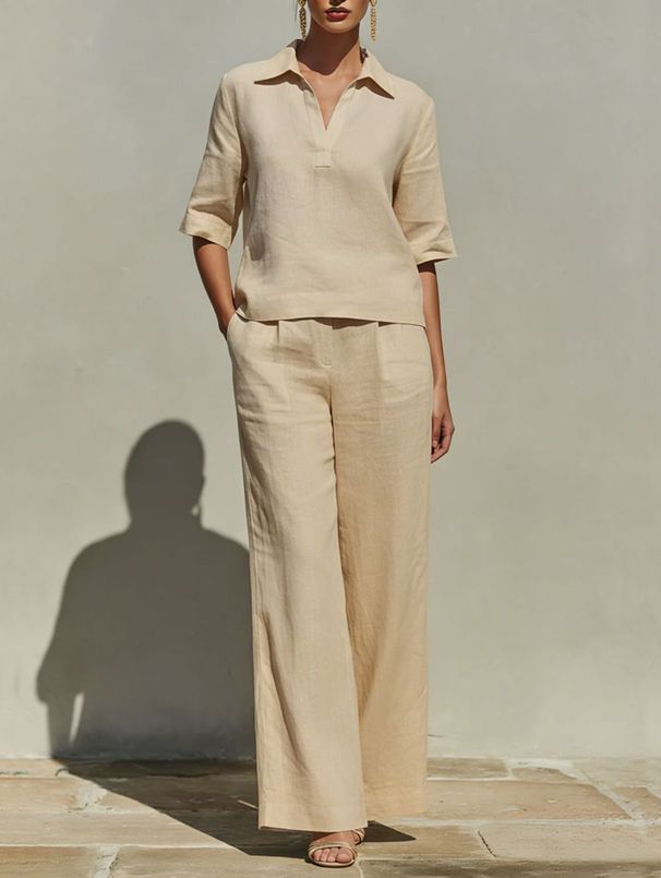 Women's V-Neck Short Sleeve Top & High-Waisted Wide Leg Pants Set – Classic Minimalist Resort Wear For Summer Vacation & Casual Outings_ecoleips.com