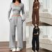 Elegant Two-Piece Set For Women – Slim Fit Long-Sleeve Top & Wide-Leg Pants, Minimalist Solid Color Outfit For Autumn/Winter_ecoleips.com