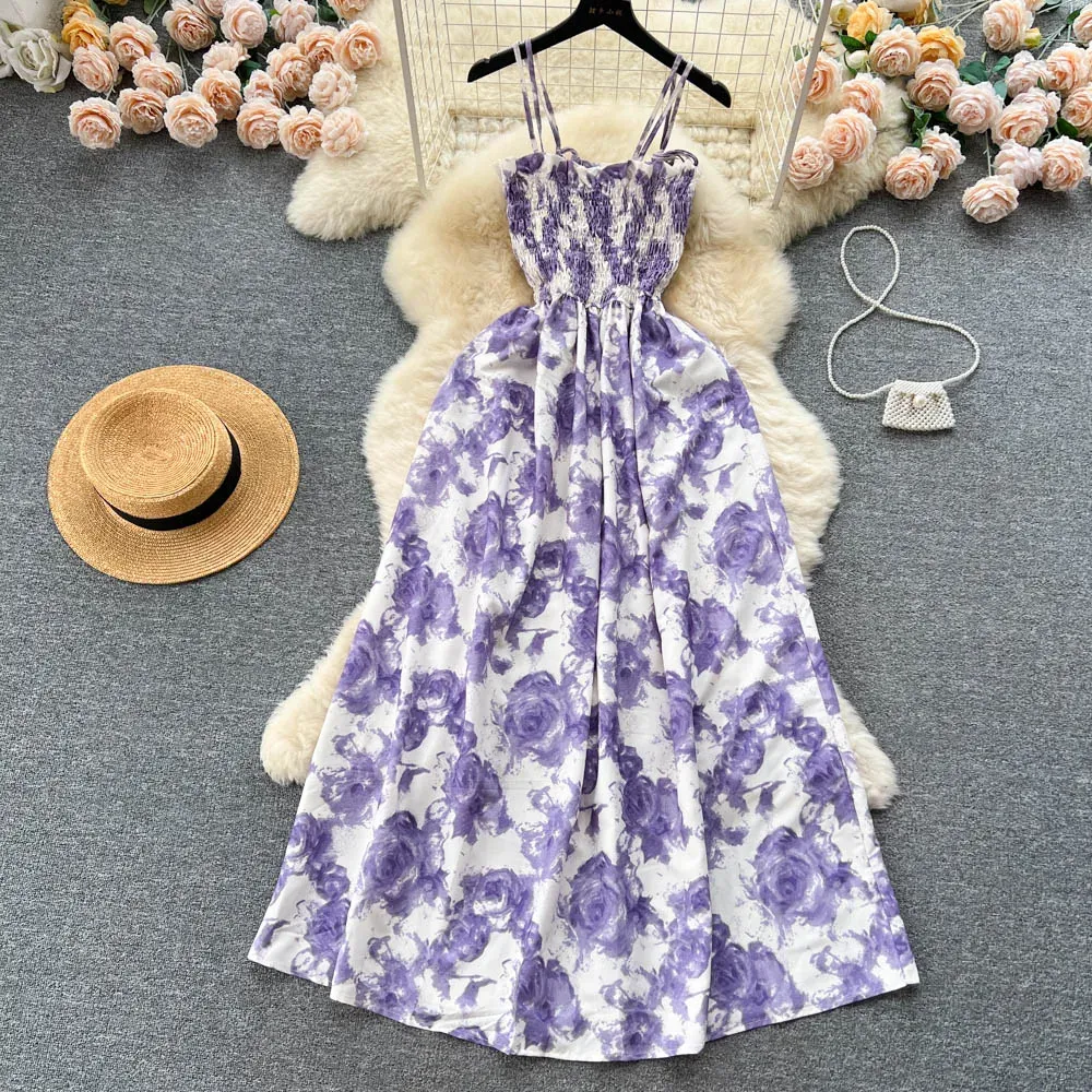 New Summer Korean Fashion Rose Flower Print Romantic Retro Party Dress Elastic High Waist Vacation Long Dress Beach Vestido_ecoleips.com