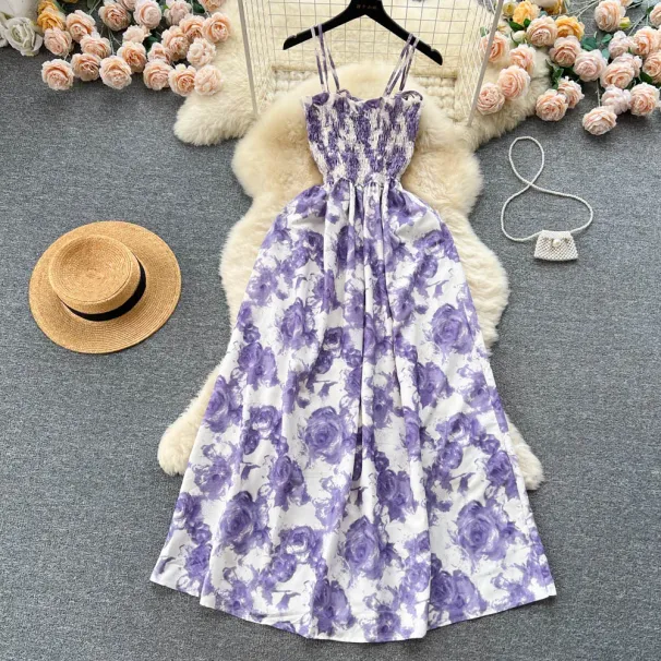 New Summer Korean Fashion Rose Flower Print Romantic Retro Party Dress Elastic High Waist Vacation Long Dress Beach Vestido_ecoleips.com