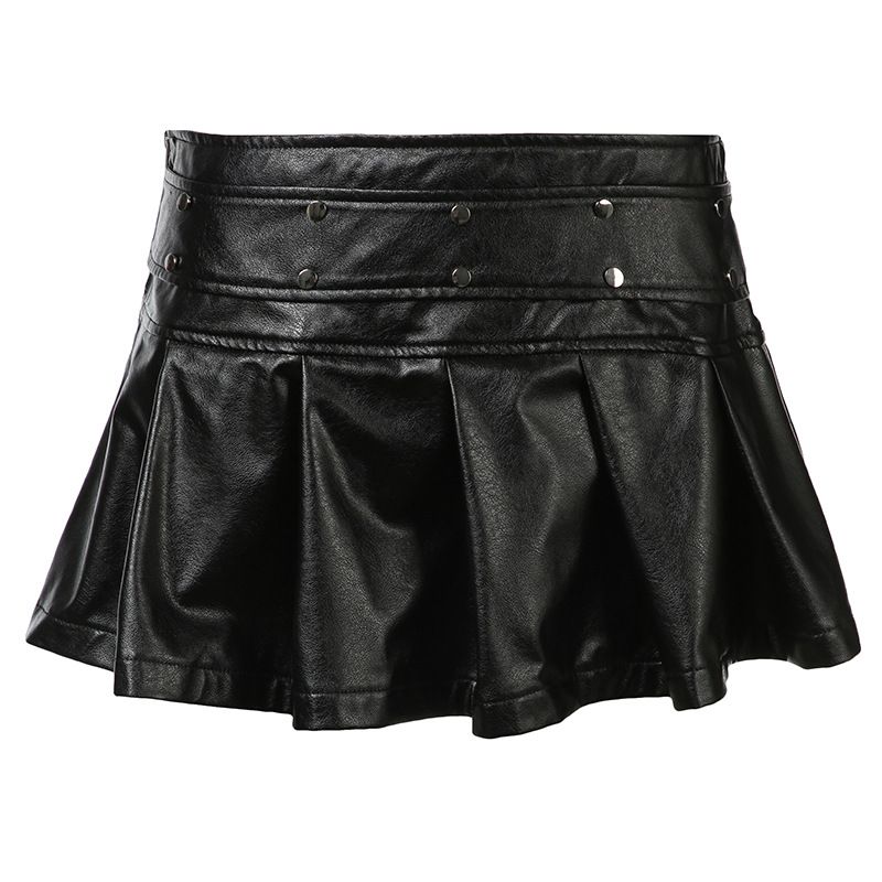 Verve Millennial Hot Girl Punk Style Studded Belt Pleated Design Sense Low Waist Zipper Leather Midi Skirt Unique Women's_ecoleips.com
