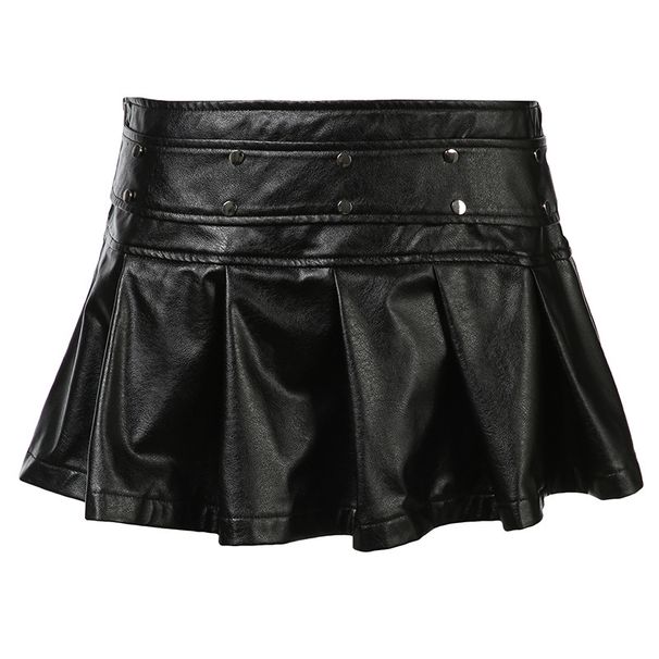 Verve Millennial Hot Girl Punk Style Studded Belt Pleated Design Sense Low Waist Zipper Leather Midi Skirt Unique Women's_ecoleips.com