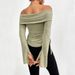 Voya Women's 2026 Autumn/Winter New Collection: One Word Collar, Split Horn Sleeve, Long Sleeve Knitted T-shirt, Sexy Top_ecoleips.com