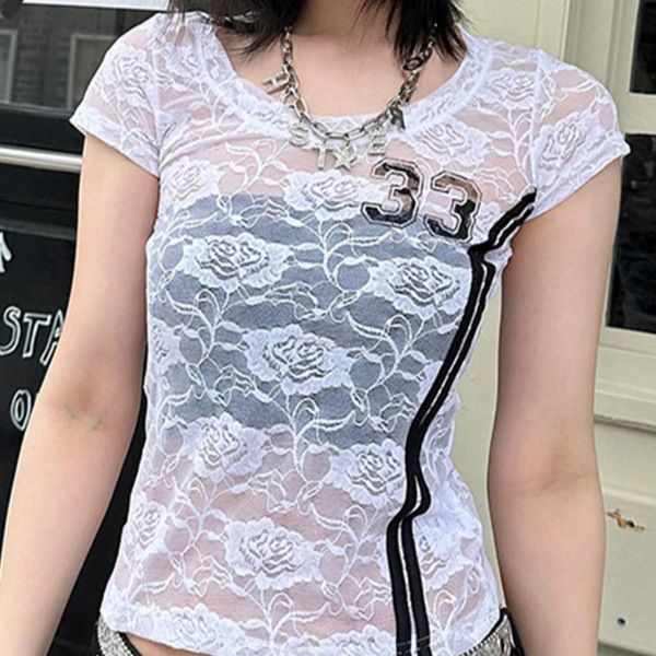 Women's Slim Fit Pullover Top Lace Pattern Double Stripe Print Color Block round Neck Short Sleeve T-Shirt European American Style_ecoleips.com