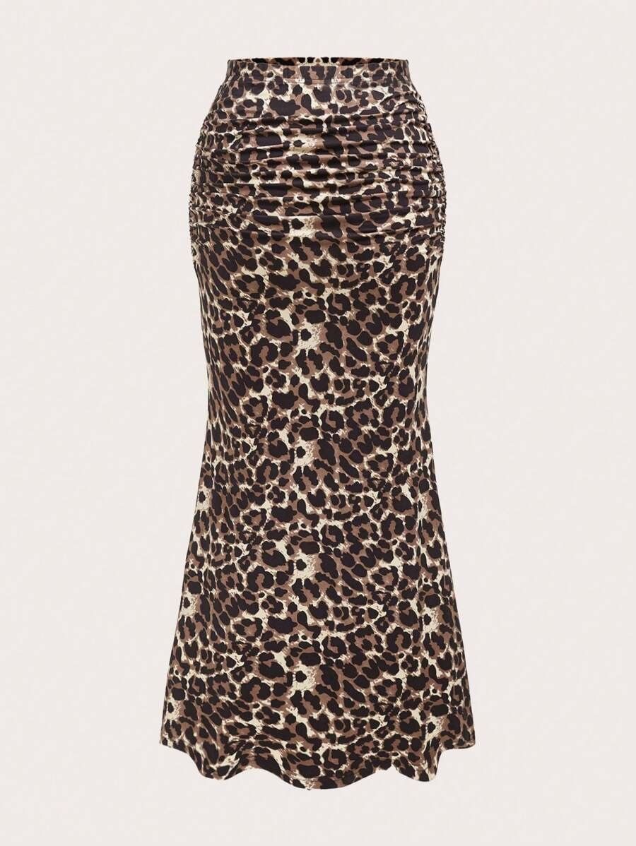 Elegant Leopard Print Fishtail Midi Skirt For Women – Stretchable Polyester Wrap Hemline Skirt – Office & Evening Wear_ecoleips.com