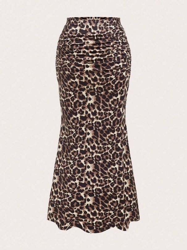 Elegant Leopard Print Fishtail Midi Skirt For Women – Stretchable Polyester Wrap Hemline Skirt – Office & Evening Wear_ecoleips.com