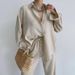 Women's Clothing new casual suit solid color lapel long-sleeved shirt top harem pants two-piece suit_ecoleips.com