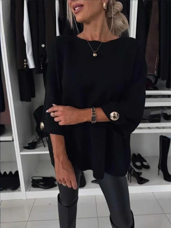 Women's Clothing New Solid Color Round Neck Mid Sleeve Knitted Casual Tops_ecoleips.com