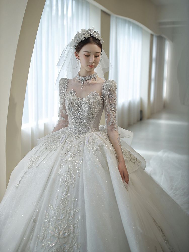 Women's Clothing New Bride Light Luxury Long Tail Slim Princess Long Sleeve Heavy Palace High End Texture_ecoleips.com