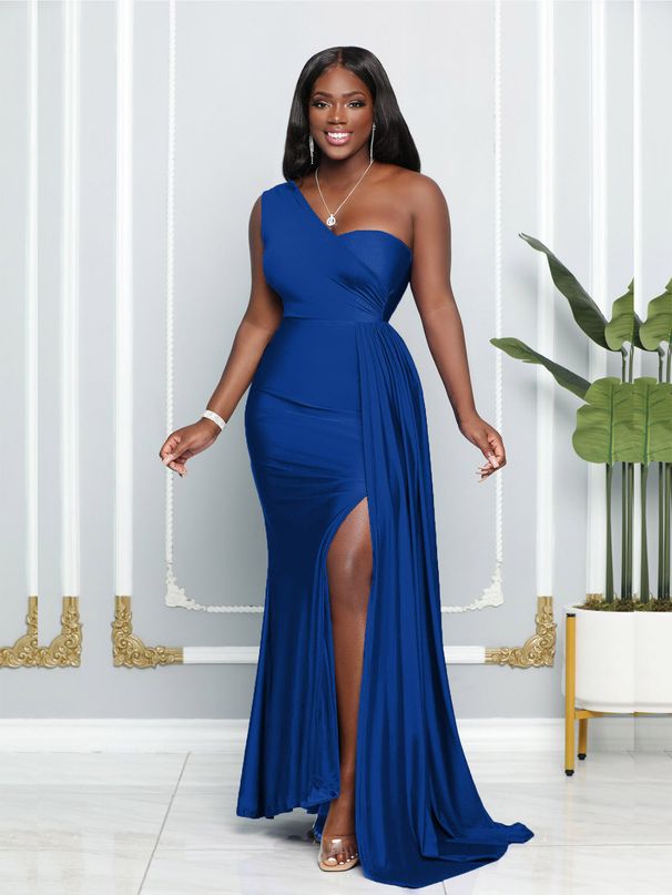 Women's Clothing Sleeveless One Shoulder Sexy Tight High Waist Slit Temperament Evening Dress_ecoleips.com