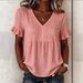 Women's Clothing Summer New Style Pleated Loose V Neck Bell Sleeve Shirt Solid Color Fashionable Design_ecoleips.com