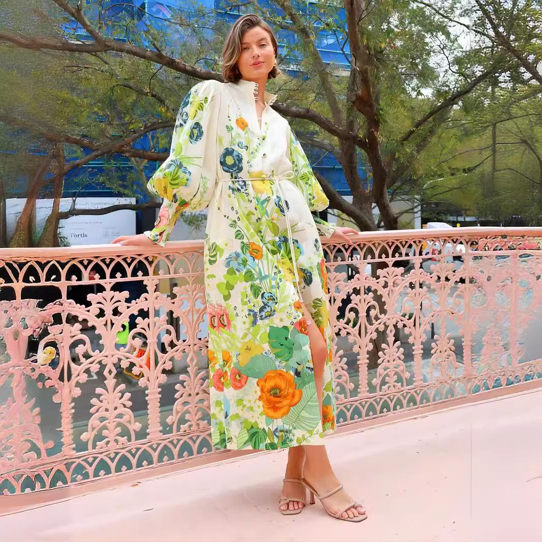 Women's Clothing Single Breasted Long Lantern Sleeve Graffiti Print Tie Waist Dress_ecoleips.com