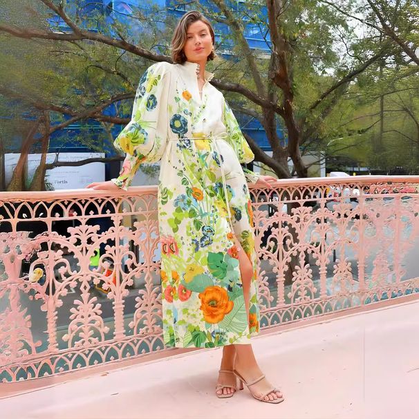Women's Clothing Single Breasted Long Lantern Sleeve Graffiti Print Tie Waist Dress_ecoleips.com