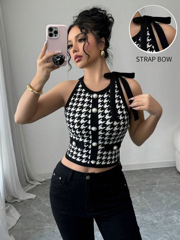 Women's Houndstooth Halter Neck Cami Top Black Stretchy Sleeveless Crop Vest Bodycon Silhouette_ecoleips.com