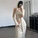 W060ST Hot Girl 2025 Summer New Sleeveless Pullover Sexy Strap Short Split Long Women's Set_ecoleips.com