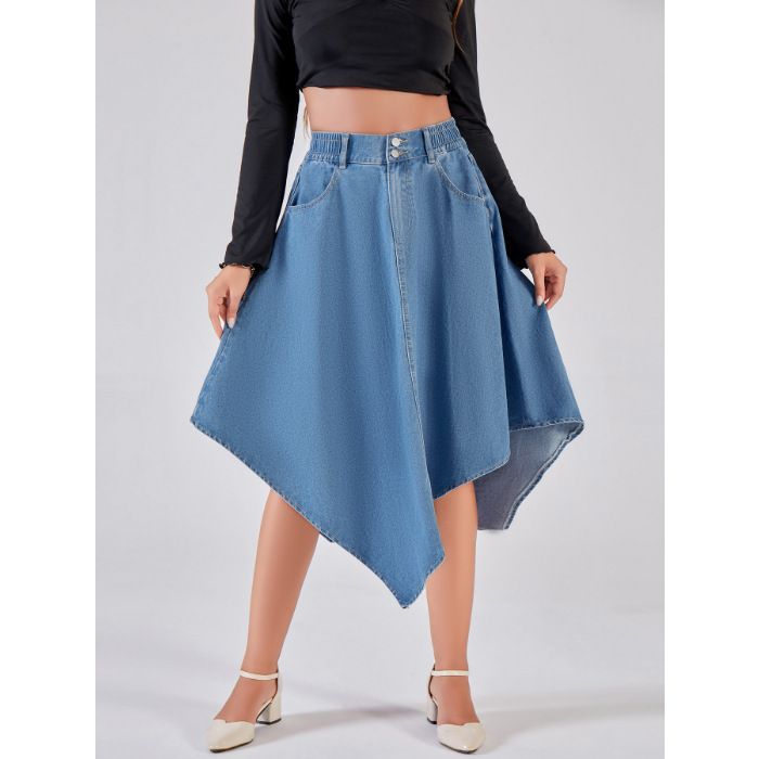 Women's Clothing High-Waisted Slimming Mid-Length Denim Skirt Irregular Design With Elastic Waistband For Women Fashion_ecoleips.com