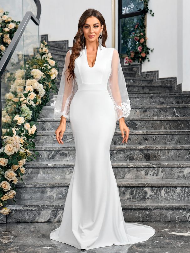 Women's Clothing New Summer Style Niche Design Style V Neck Solid Color Temperament Elegant Wedding Dress_ecoleips.com