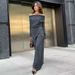 Women's Clothing Gray Knitted Fashionable Temperament One Shoulder Long Sleeved High Waist Wide Leg Pants Commuter Leisure Suit_ecoleips.com