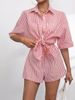 K Women's New Fashionable Collar Striped Short Sleeved Shorts Casual Two-piece Set. No Inner Lining_ecoleips.com