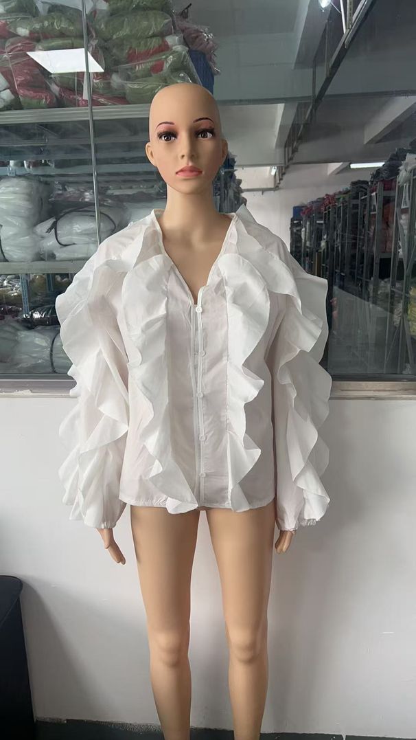 2025 Spring Summer Lady V-neck Ruffled Long Sleeve Shirt European And American Fashion Commuter Women's New Style_ecoleips.com