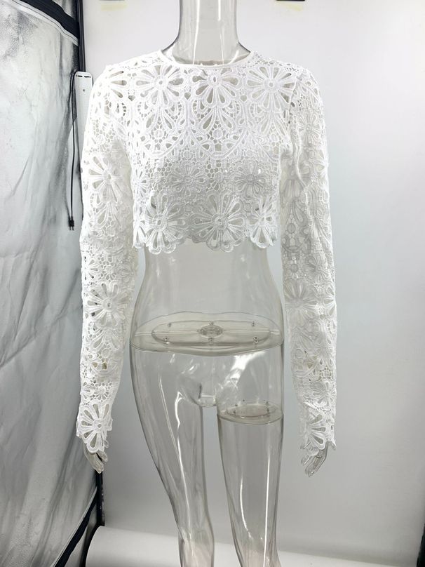 K New Slim Fit Hollow Lace Top+skirt Two-piece Set_ecoleips.com