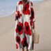 Elegant Long Sleeve Floral Print Shirt Dress For Women, V-Neck Casual Loose Fit Dress, Stretchy Polyester Blend, Plus Size (XS-5XL)_ecoleips.com