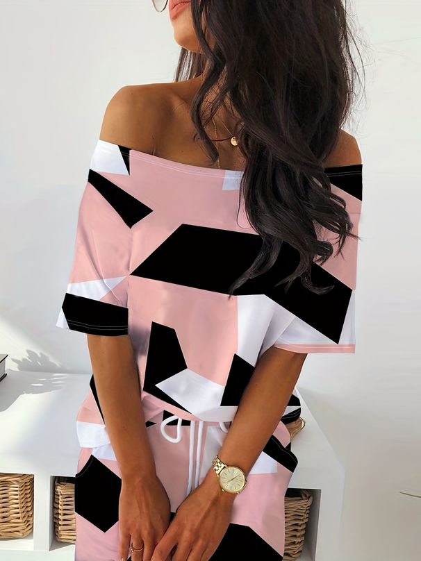 Women's Geometric Print Casual Fashion Two-Piece Ensemble T-Shirt And Skirt Set plus Size Available_ecoleips.com