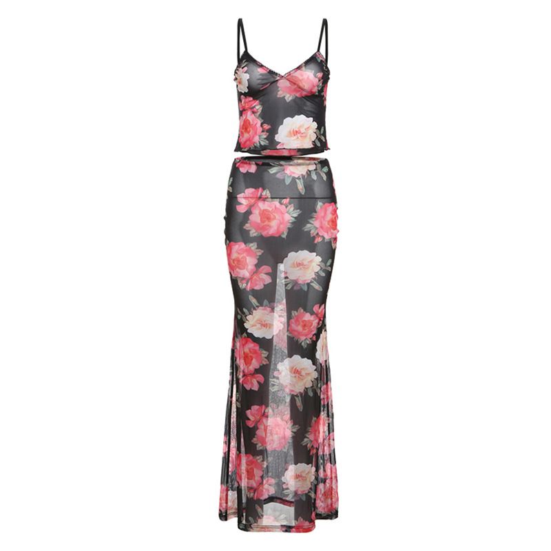 Women's Clothing Printed Camisole Small Vest See Through Slim Skirt Suit_ecoleips.com