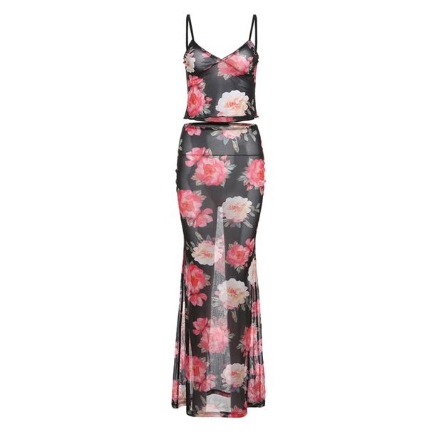Women's Clothing Printed Camisole Small Vest See Through Slim Skirt Suit_ecoleips.com