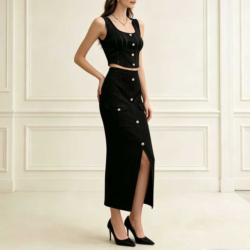 Summer New Women's Knitted Two Piece Set Sleeveless Short Vest Slit Max Skirt Slimming Cross Border Exclusive_ecoleips.com