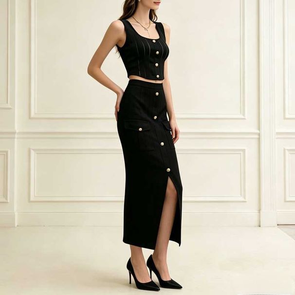 Summer New Women's Knitted Two Piece Set Sleeveless Short Vest Slit Max Skirt Slimming Cross Border Exclusive_ecoleips.com