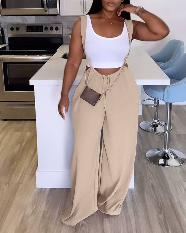 Women's Clothing Holiday Leisure Coffee Color Casual Drawstring Wide Leg Overalls_ecoleips.com
