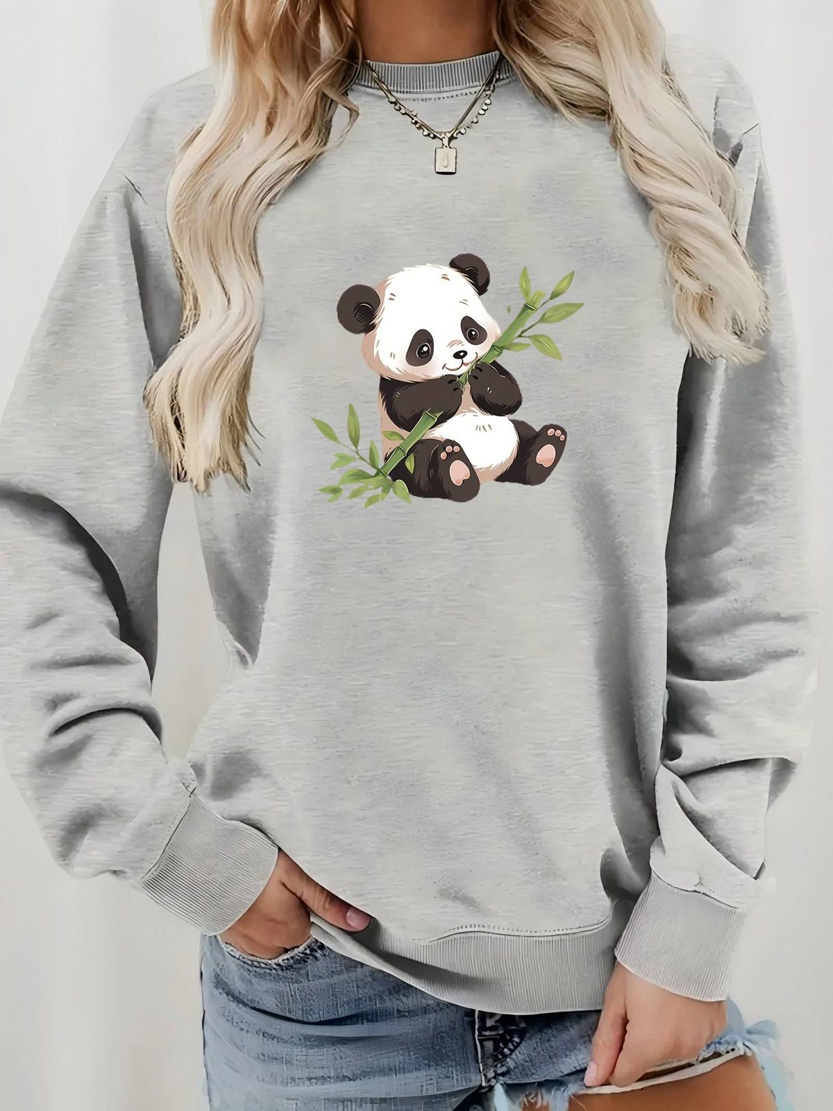 Cute Animal Print Cotton Sweatshirt For Girls - Soft Round Neck Pullover With Cartoon Panda Graphic, Oversized Streetwear Spring Fashion Top_ecoleips.com