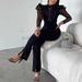 Women’s Clothing New Black Sequin Mesh Lace Design Long Sleeve Tight Leg Slit Jumpsuit_ecoleips.com
